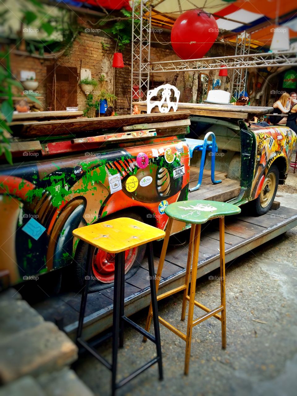 Ruin Bar Budapest .. multi coloured car inside the pub 