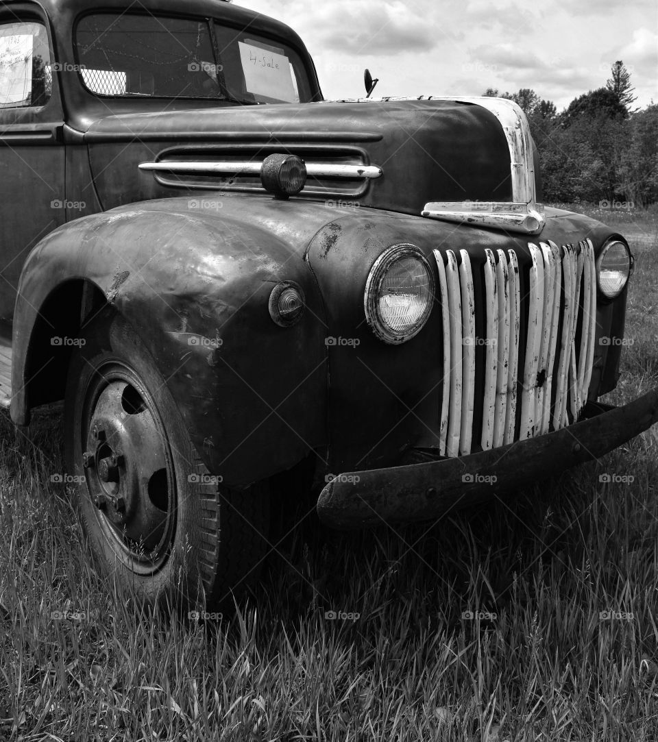 Antique work truck in black and white