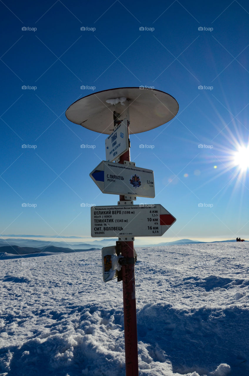 Signpost of directions in the mountains.  Gymba Mountain