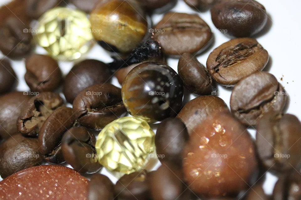 Semi-precious stones and coffee beans