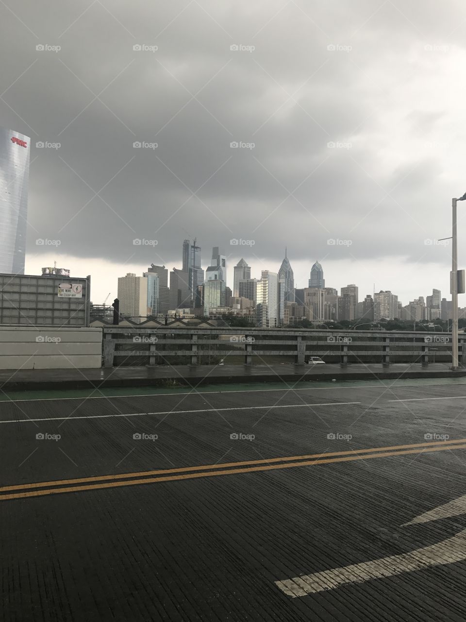 Philadelphia skyline cloudy gray sky. Storm rolling in, overcast