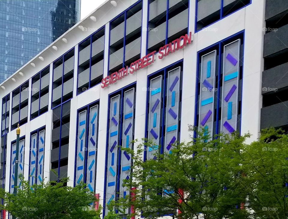 Colorful urban Seventh Street Station of Uptown Charlotte, the one & only iconic musical parking deck!