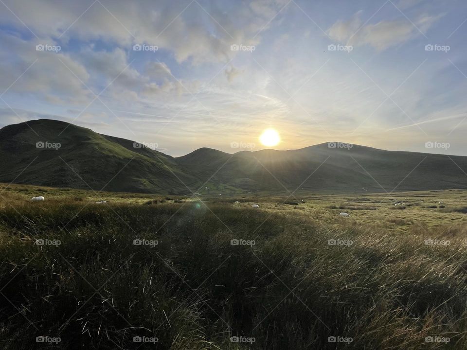 Sun starting to set in the Welsh Mountains 