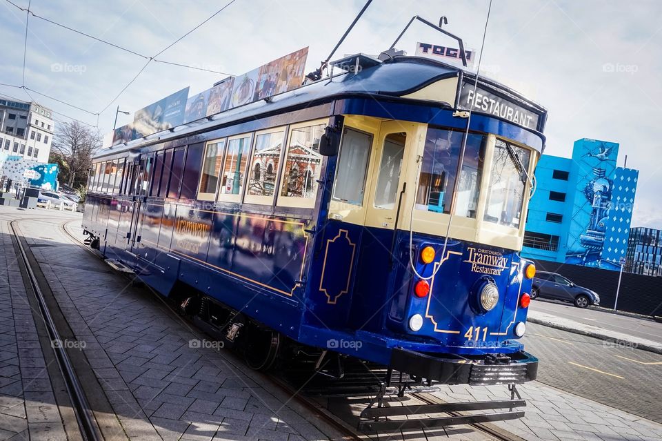 Blue tramcar in Christchurch, New Zealand - Christchurch Tramway Restaurant