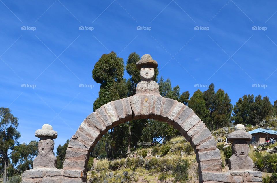 Unique culture and particularly adorned arches of Taquile island on lake Titicaca, Peru. 