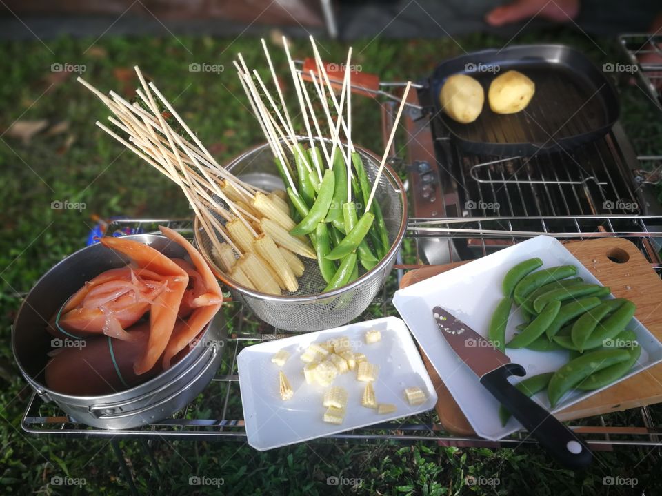 meals and vegetables grilled with  Sichuan pepper for cooking BBQ that easy to cook in camping life