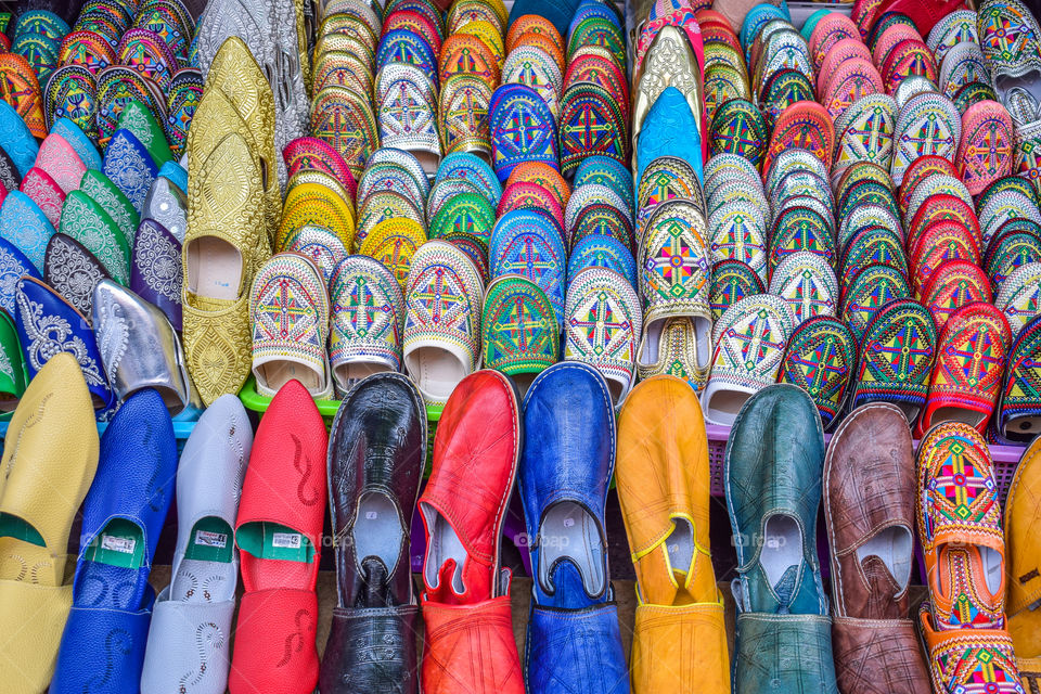 Tipycal handmade and colorful leather babouche from Morocco