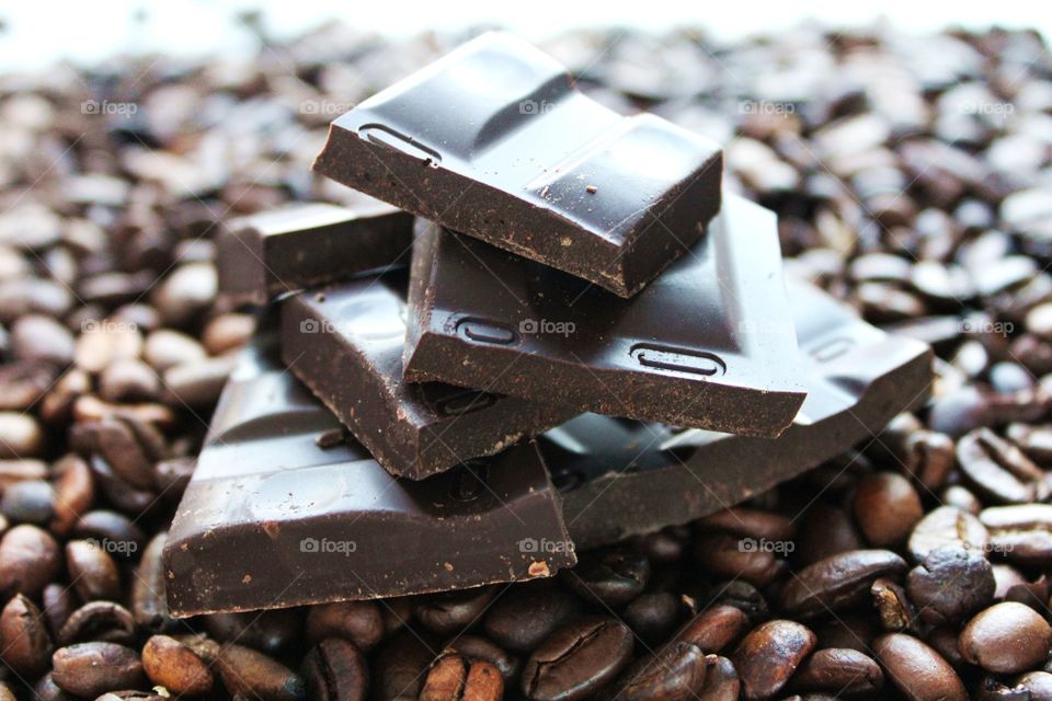 Chocolate on coffee beans.