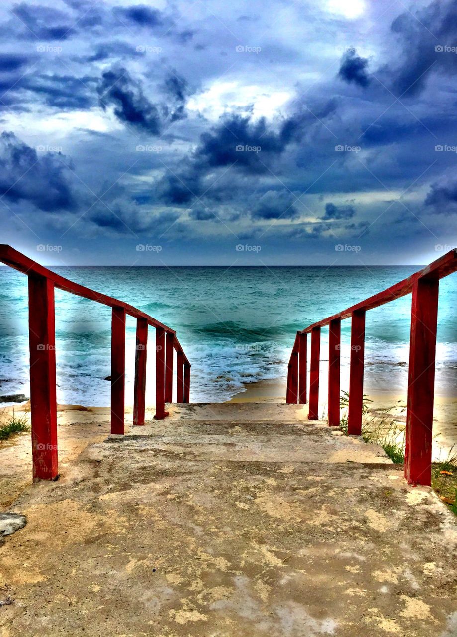 Red Staircase Leading To The Beach, Stairway To Heaven,  Seaside Paradise, Red Staircase, Leading Lines To The Ocean, Caribbean Paradise, St. Martin Beach Scene 