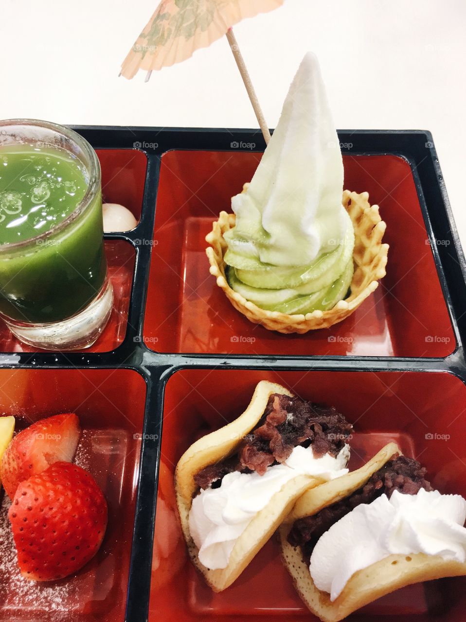 Summertime Ice Cream : Soft ice cream with fresh fruit and dessert serving on bento Japanese style 