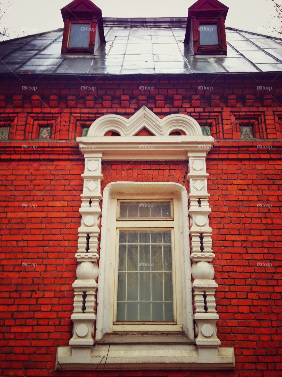 Window of old Russian house in Moscow