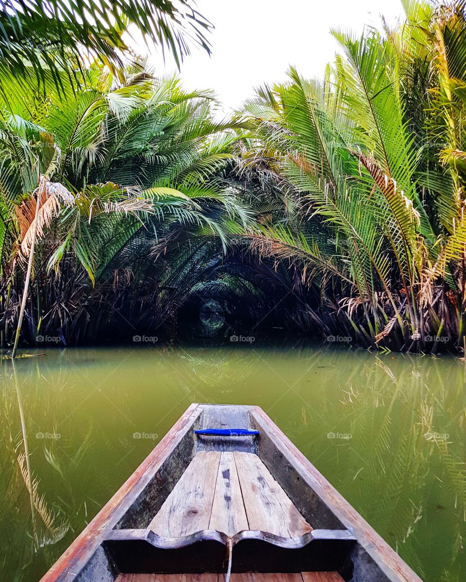 Boating on river among nipa palm trees