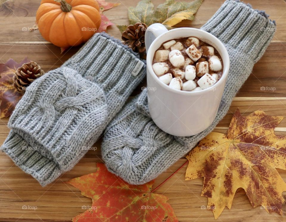 Hot chocolate with marshmallows on gloves, winter, autumn setting 