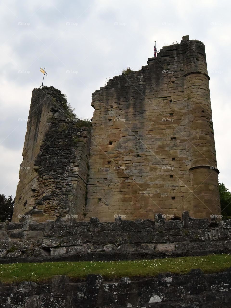 The ruins of Knaresborough Castle at sunset on a warm summer evening in England, June 2022.