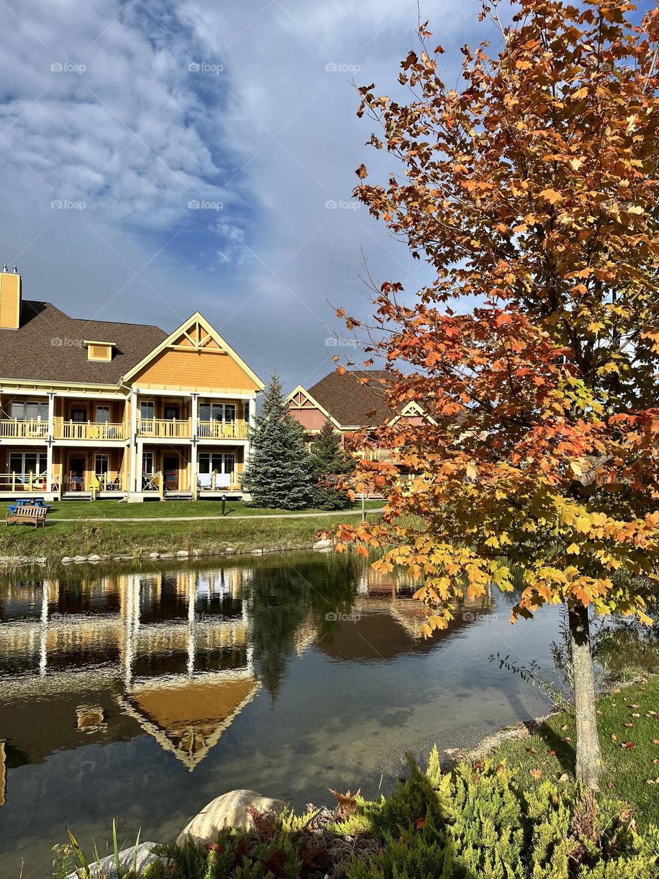 Embarc Vacation Homes at Blue are clustered around a traditional mill pond, vacation home image in the pond , Autumn  leaf colour changing tree , sun and clouds 