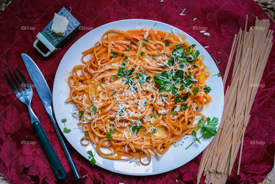 Prepared pasta on table