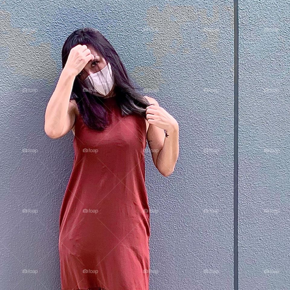 Asian woman in silver grey ash hair colour outdoor 