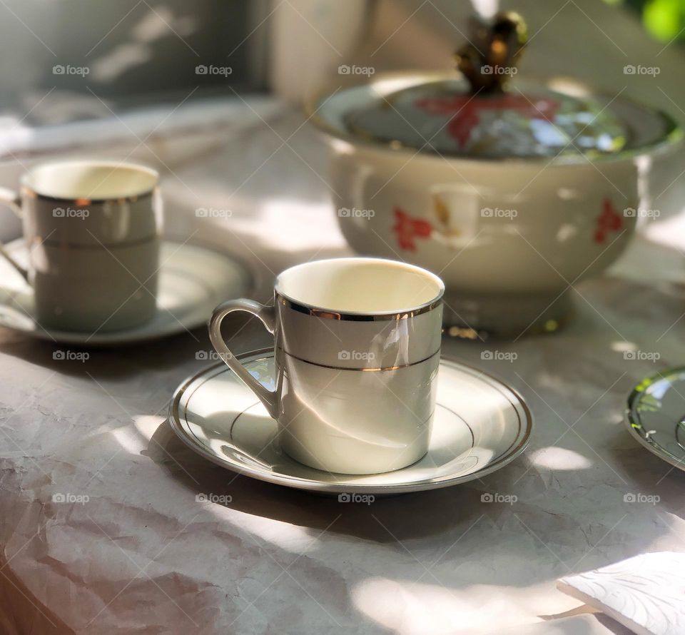 Retro espresso porcelain coffee cup and saucer