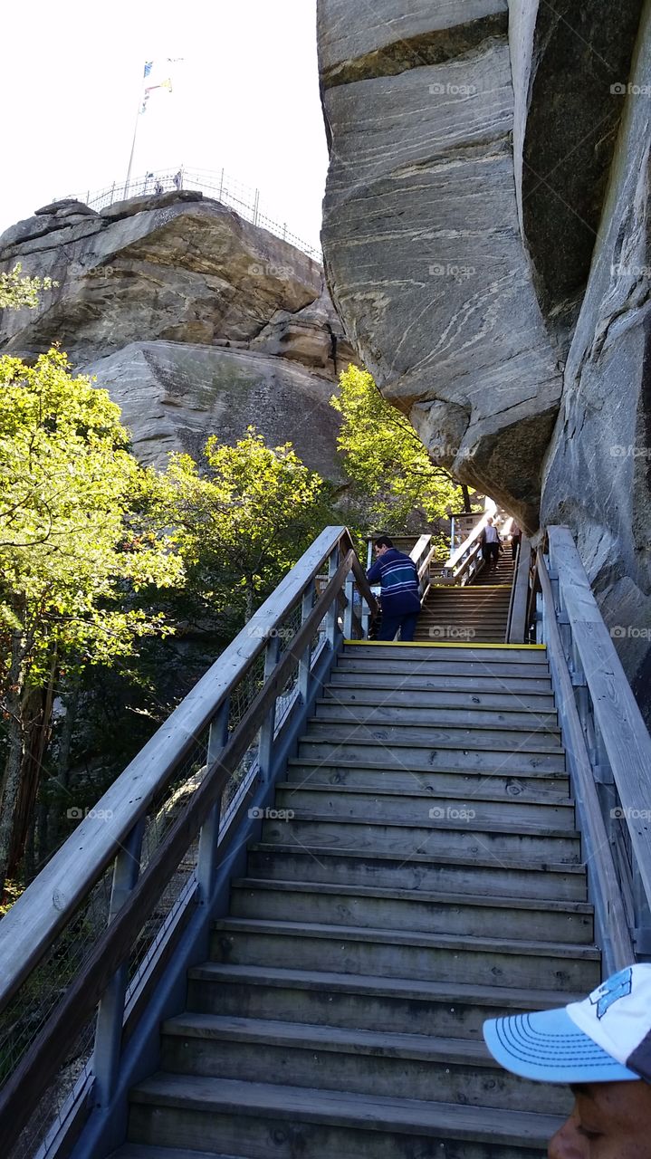 A portion of the 499 steps to the peak of Chimney Rock.  We were already out of breath and still had this much to climb to reach the top seen in the background.