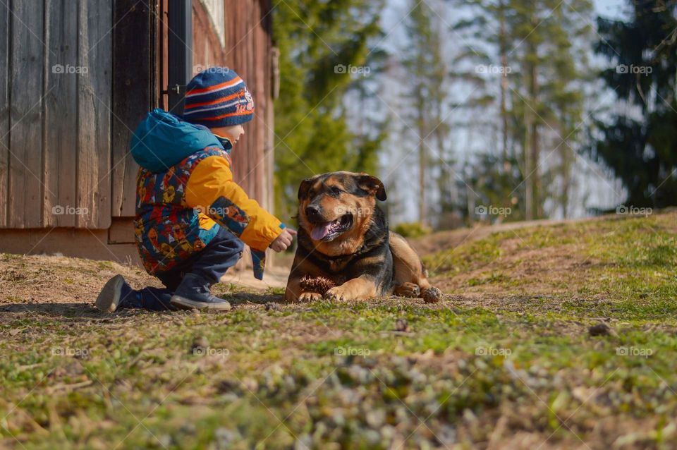 Little boy playing with dog outside.