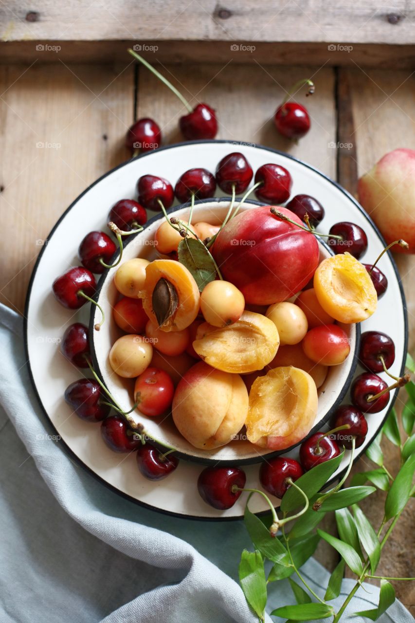 apricots peaches and cherries flat lay