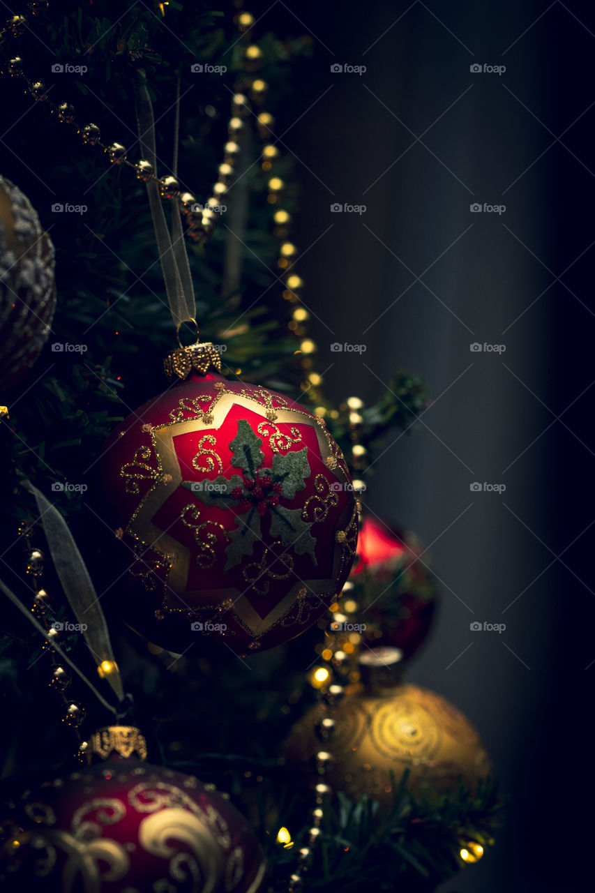 A portrait of a red christmas ball hanging in a christmas tree. the ornament is decorated with a leaf of holly and some gold.