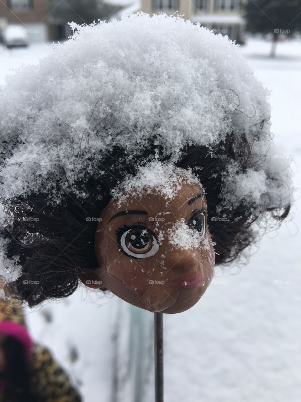 Doll head covered in snow