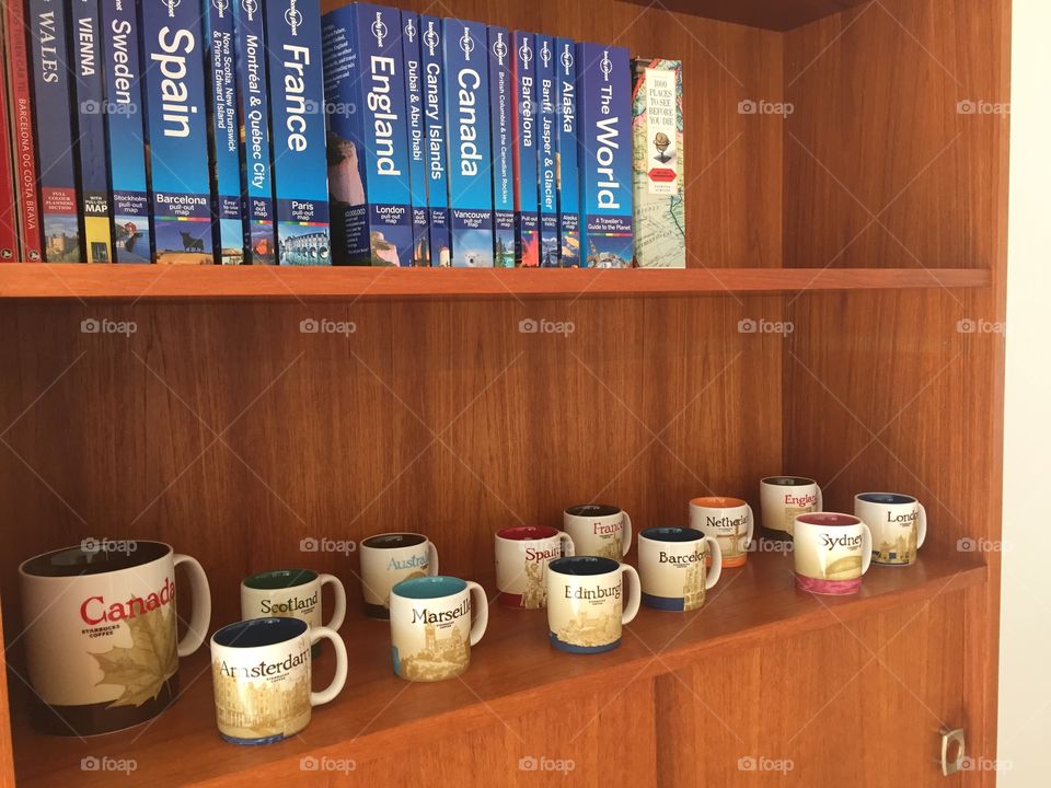 Traveling mugs. I often buy a Starbucks espresso country cup when I visit a city / county. A tradition for me 