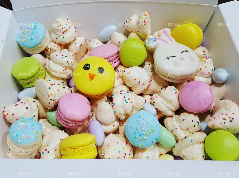 Cute Easter macarons and meringue cookies