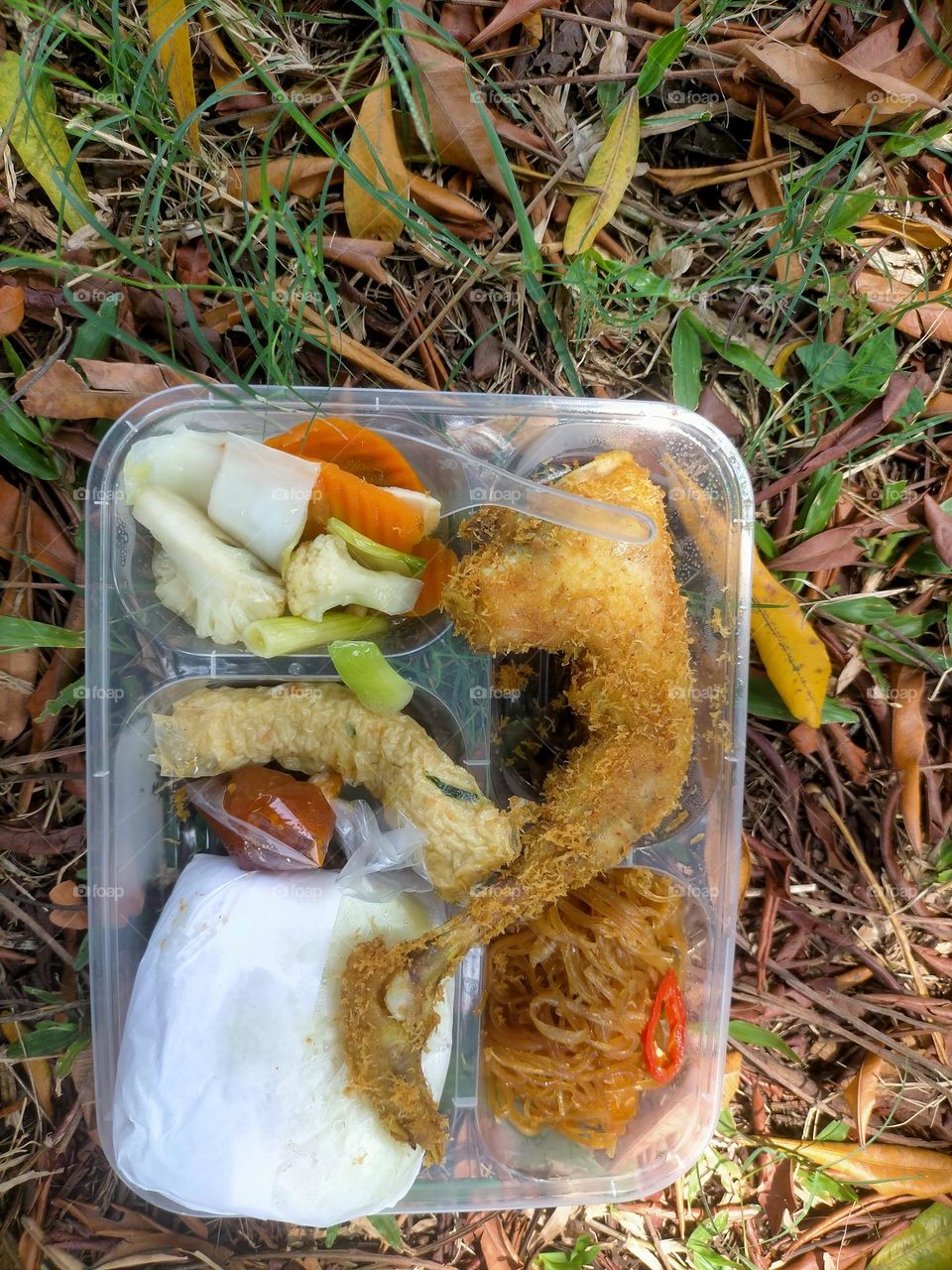 rice complete with side dishes packed in containers.