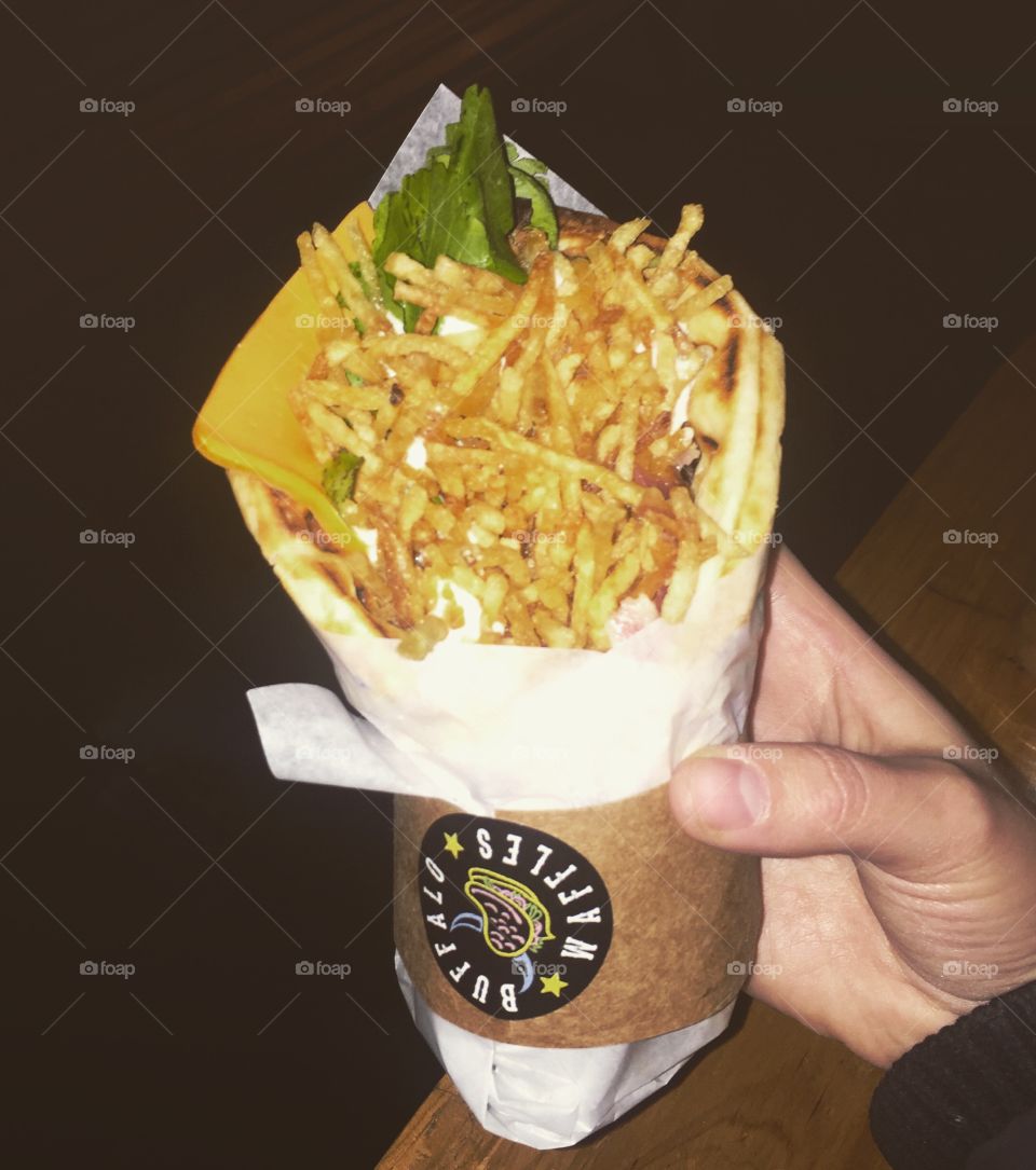 Tasty waffle with Jamon Serrano and cheddar. Santiago de Chile.