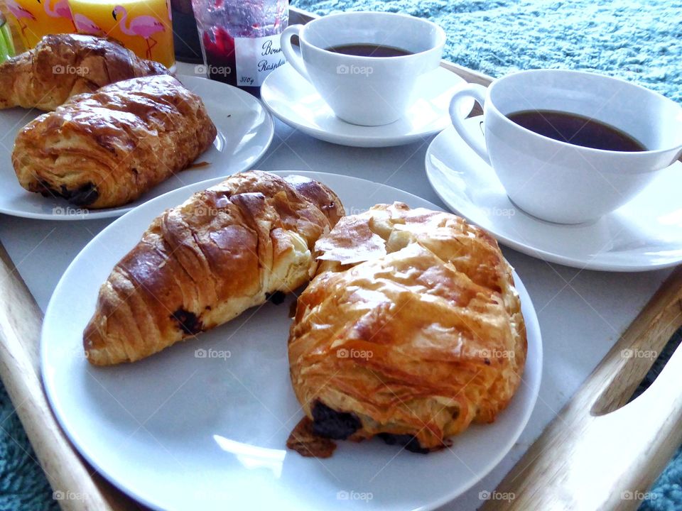 Chocolate croissants on tray