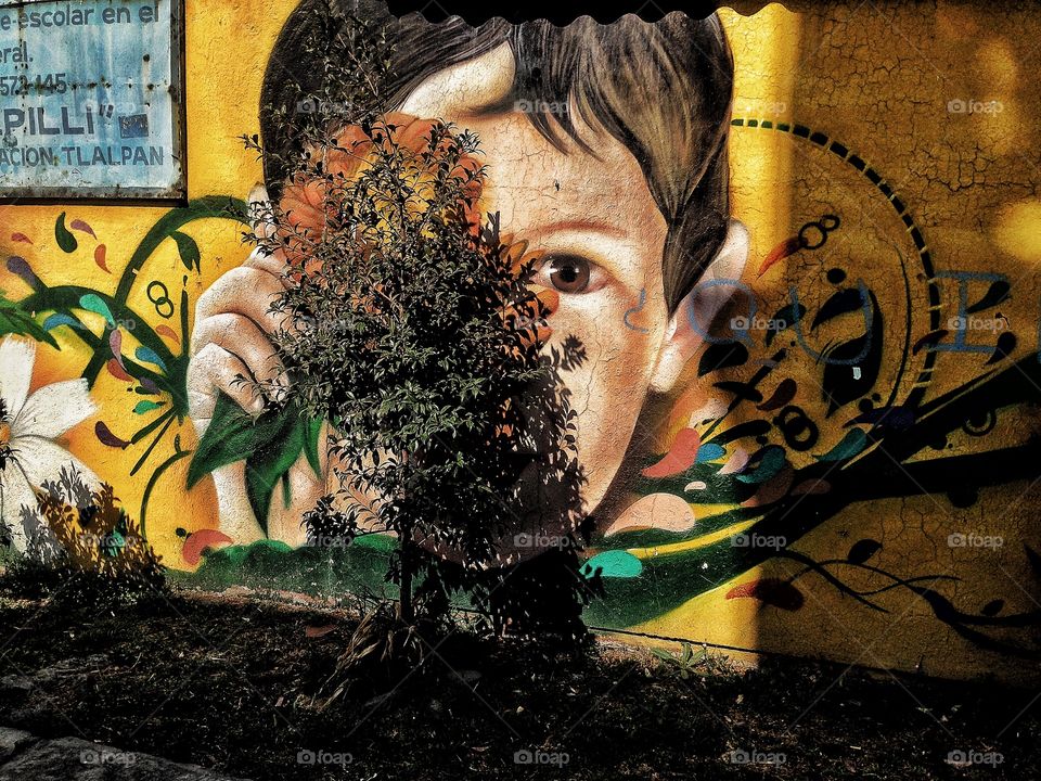 A mural painting of a boy grabbi g a flower, covered by a flower bush.