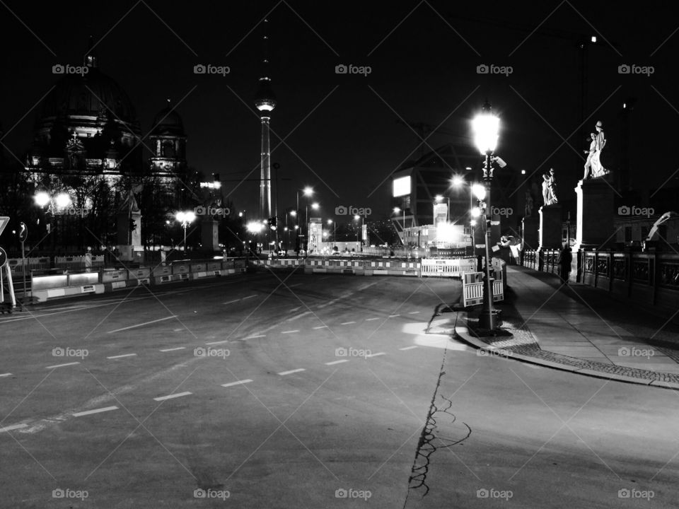 Berlin night empty road. This photo was taken in the night, during. A costruction site for the Berliner Schloss temporarily blocked cars.