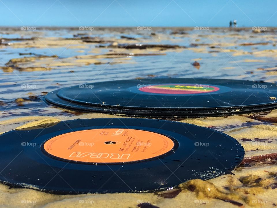 Beach scene vinyl vintage records ocean sand music 