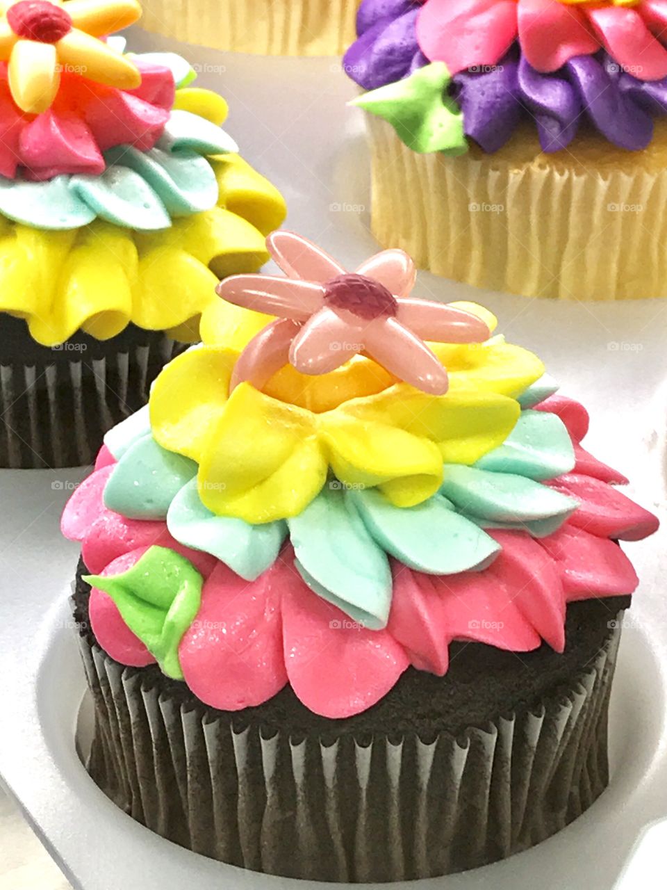 Chocolate cupcake with bright colorful frosting 