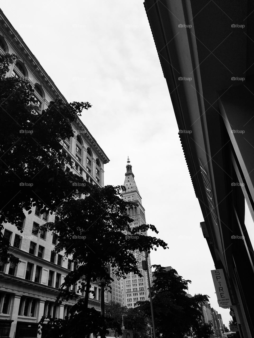 NYC Architecture in Flat Iron on 23rd Street near Madison Square Park. Taken with Android Phone. BNW Filter. May 2017.