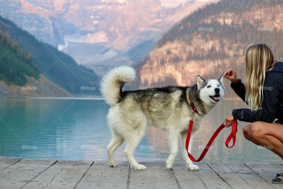 Blonde woman with her blue-eyed Siberian husky dog at scenic beautiful glacial Lake Louise in Canada's Rocky Mountains; dog on red leash 