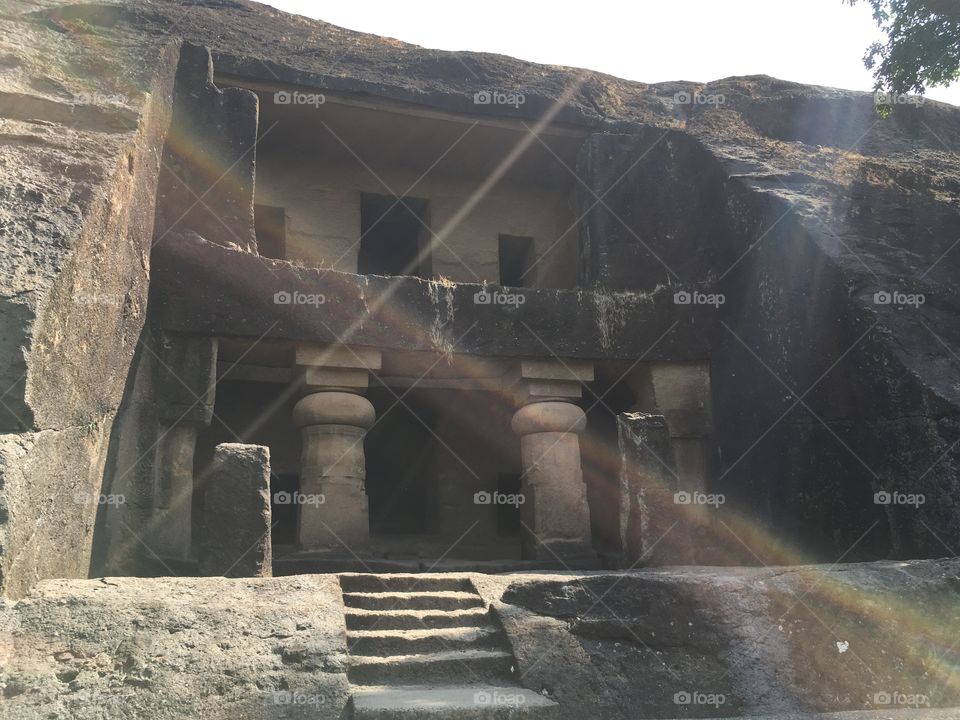 Sun rays on Buddhist Caves in India