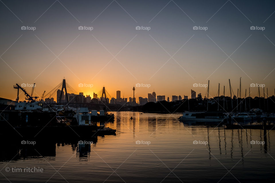 Sunrise over Sydney City seen from Rozelle  Bay on a crisp morning