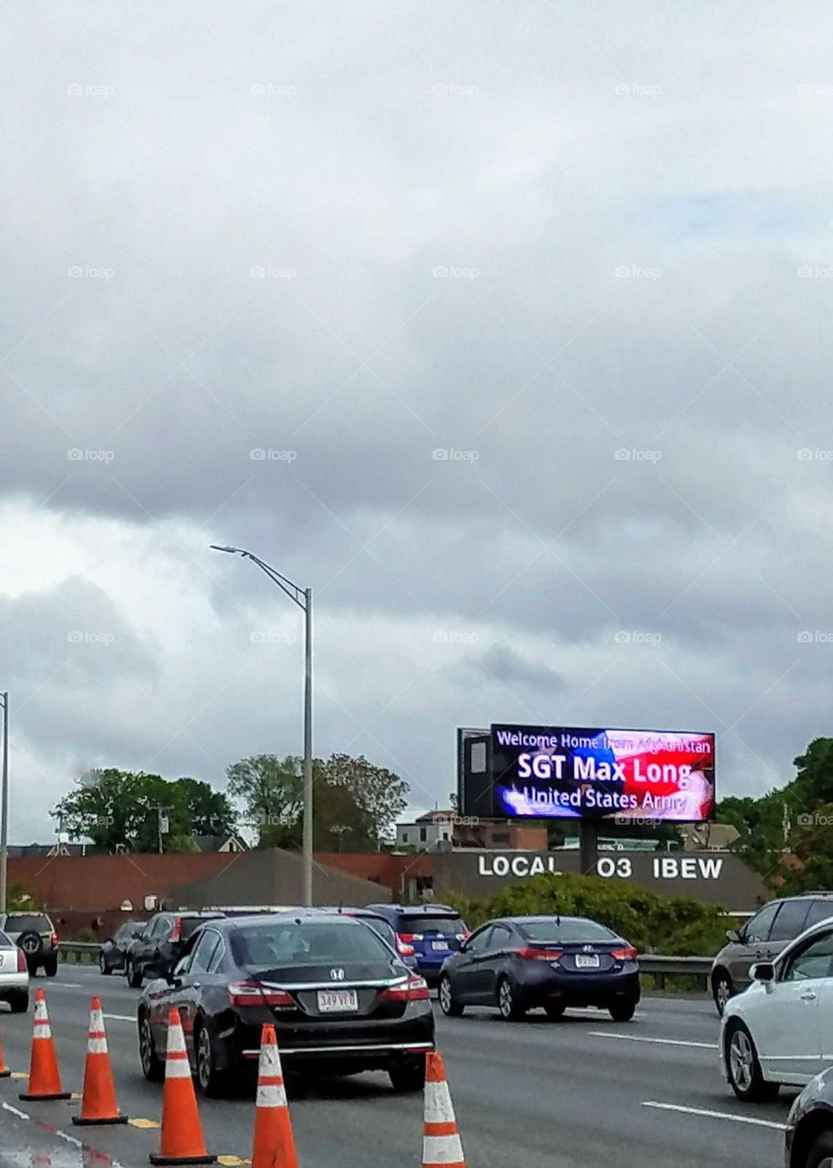 Highway Memorial Day Welcome Home to an Army Sgt. on road sign, for all traffic to see!🇺🇸