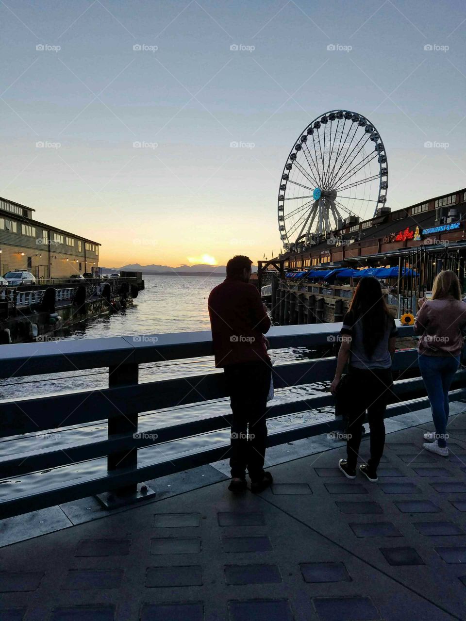 The waterfront in beautiful downtown Seattle WA at sunset