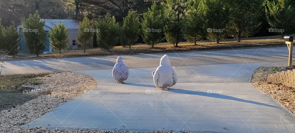 Two kids skateboarding in the cold weather