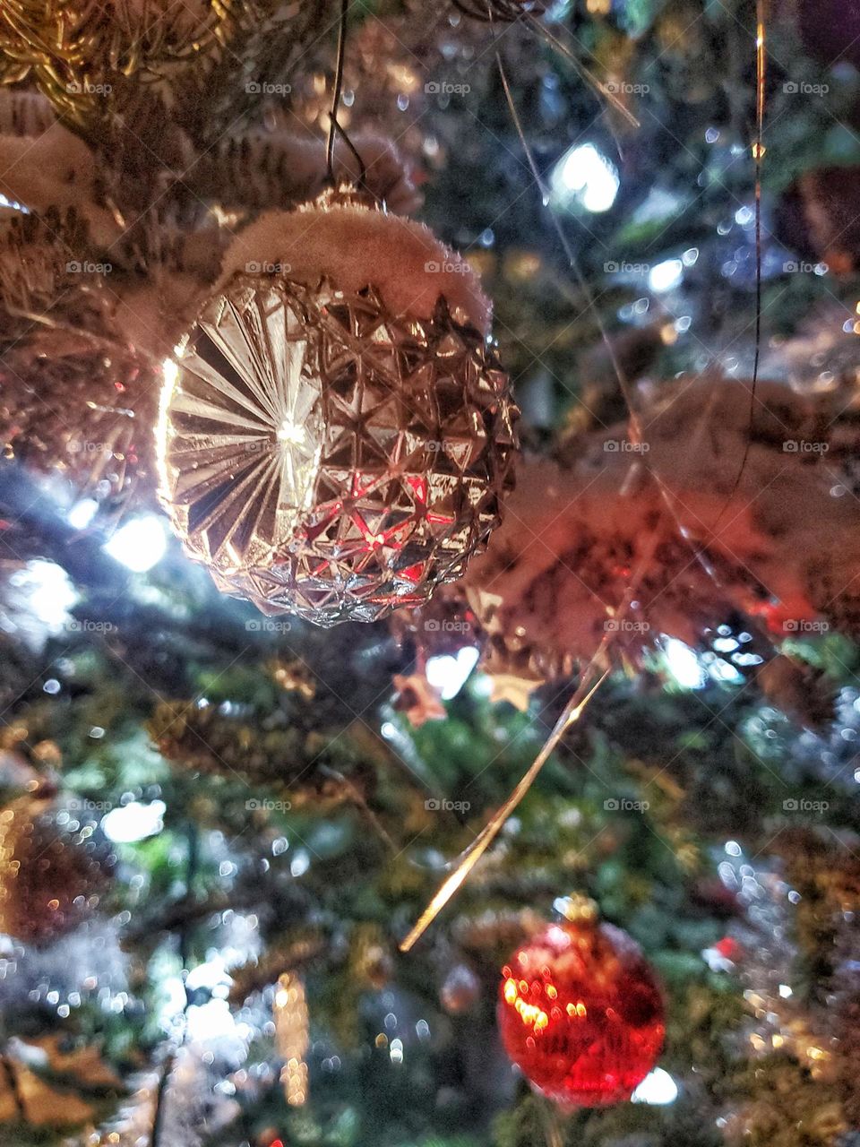 Snowy Christmas tree decorations.