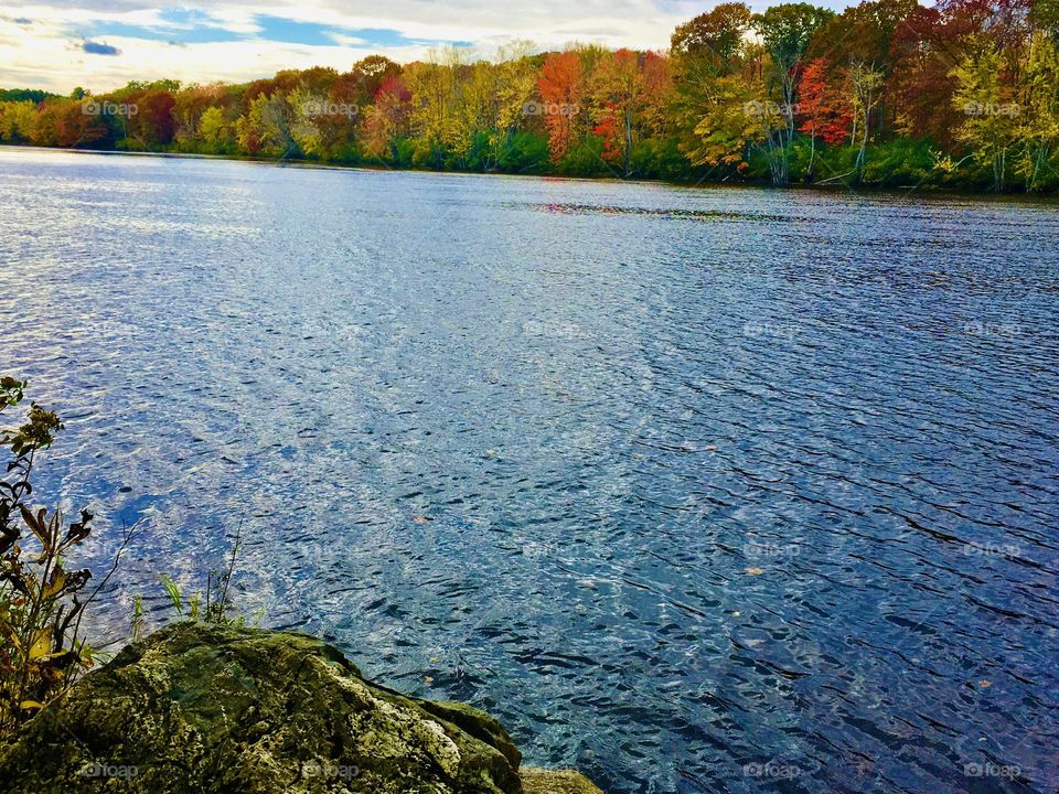 Kenduskeag River in Maine during Autumn with tree leaves 🍁 changing color.