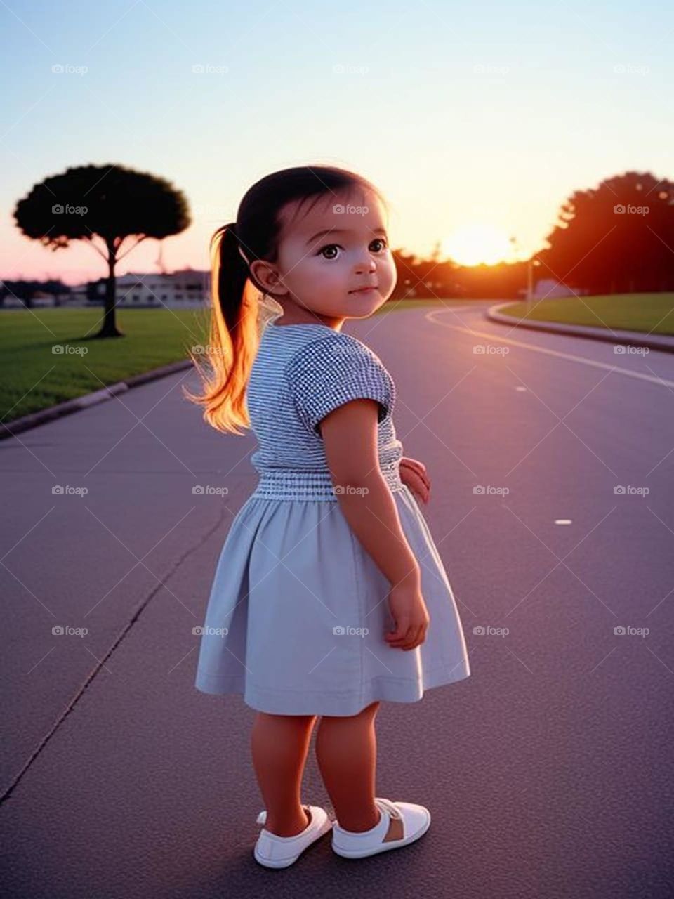 Cute baby girl with sunset view