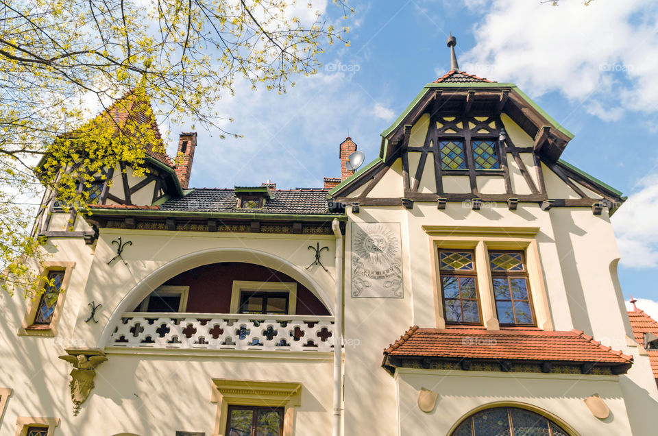 Low angle view of Art Nouveau building against sky.