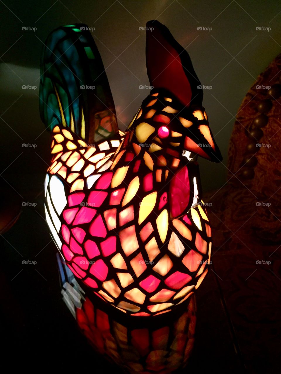 Unique lamp. Mosaic chicken. Rooster light. A farmer’s art. Color and design.