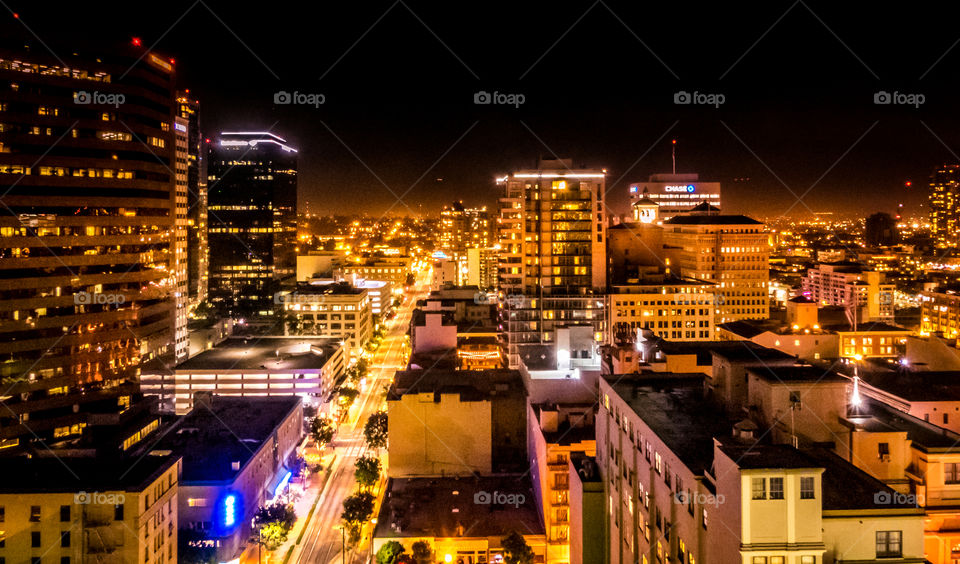 A beautiful time exposure of the downtown urban skyline of San Diego, California at night. 