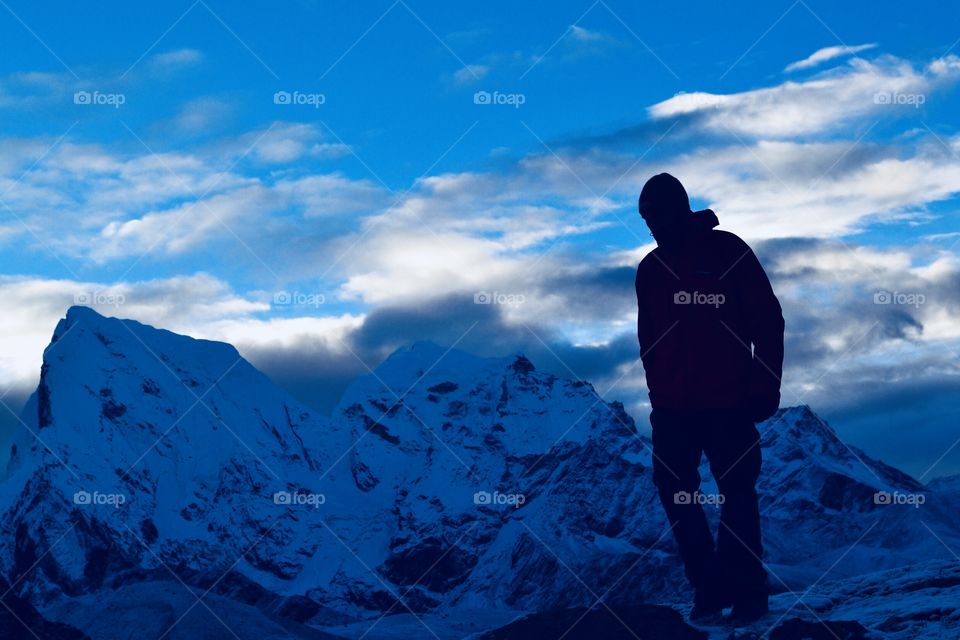 Mountaineer silhouette on Mount Everest 